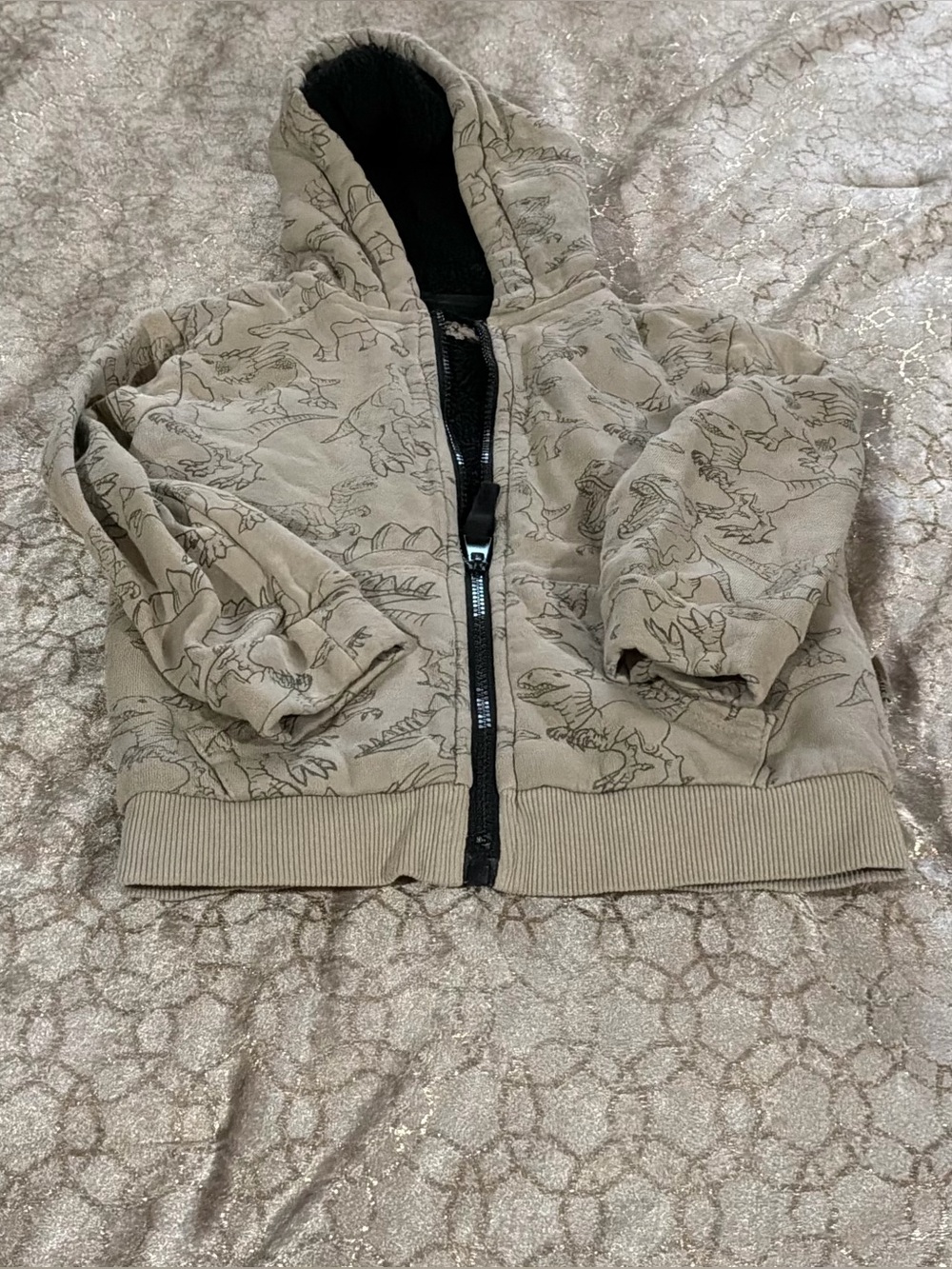 BearPaw Kids' Taupe Dino-Print Hooded Bomber Jacket